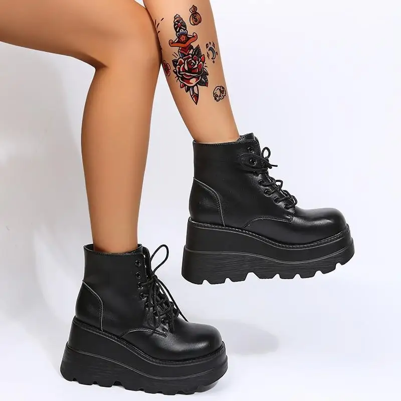 

2024 NEW Platform Boots Fashion Women's Shoes Mid-Tube Lace-up Boots Europe & America High Heels Leather Shoes Plus Size 36-43
