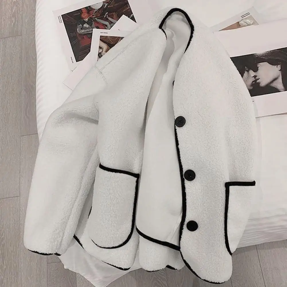 

Women Color Matching Jacket Stylish Women's Round Neck Single-breasted Winter Jacket with Color Matching Buttons Thick for Cold