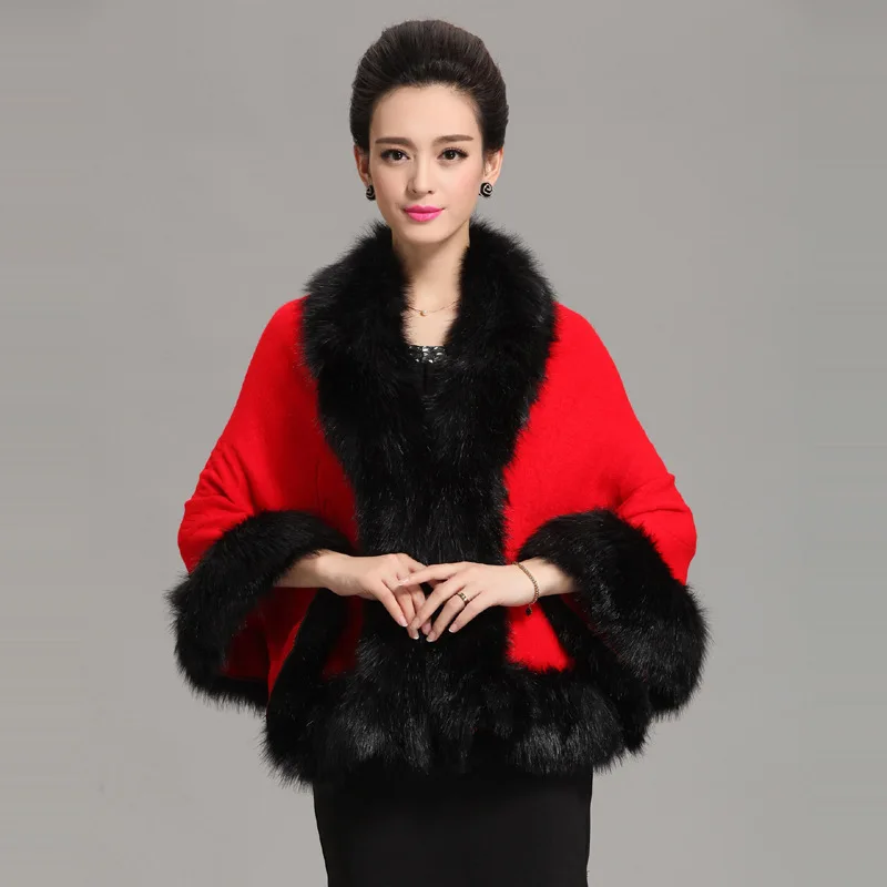 

Faux Fur Shawl Cape Large Size Women's Knitted Cardigan Winter Elegant Poncho Women