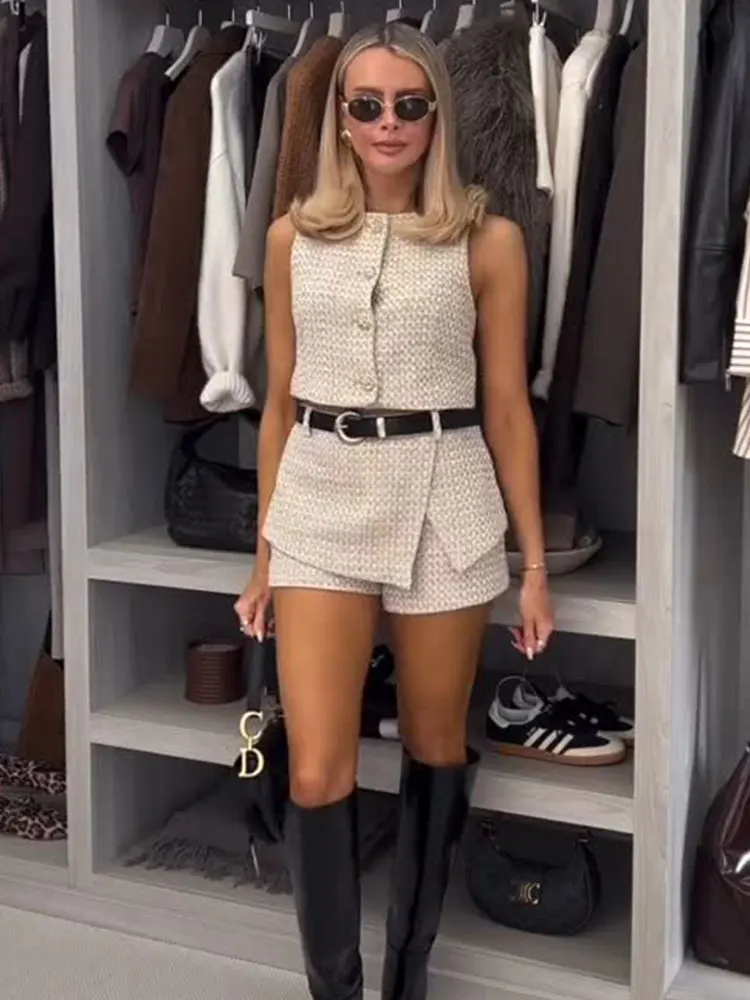 HH Women Fashion Shorts Sets Single-Breasted O Neck Cropped Vest High Waist Shorts Skirts With Belt High Street Lady Outfits