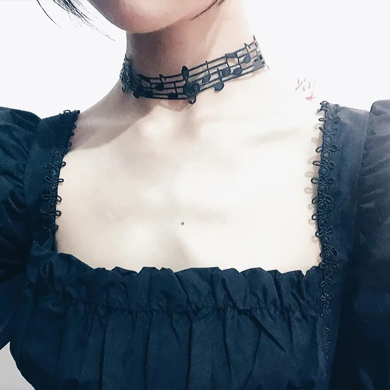 Multifuntional Black Choker with Musical Note Stylish for Women Girls Y2K Ribbon Necklace Lolita Gothic Jewlery Accessories