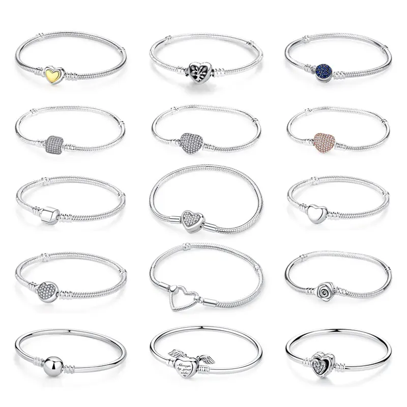 Bracelets originaux en argent Sterling 925, breloques en forme de cœur d'amour, perles, chaînes serpent pour femmes, bijoux de luxe en or Rose, DIY 1 Bracelets originaux en argent Sterling 925, breloques en forme de cœur d'amour, perles, chaînes serpent pour femmes, bijoux de luxe en or Rose, DIY 1
