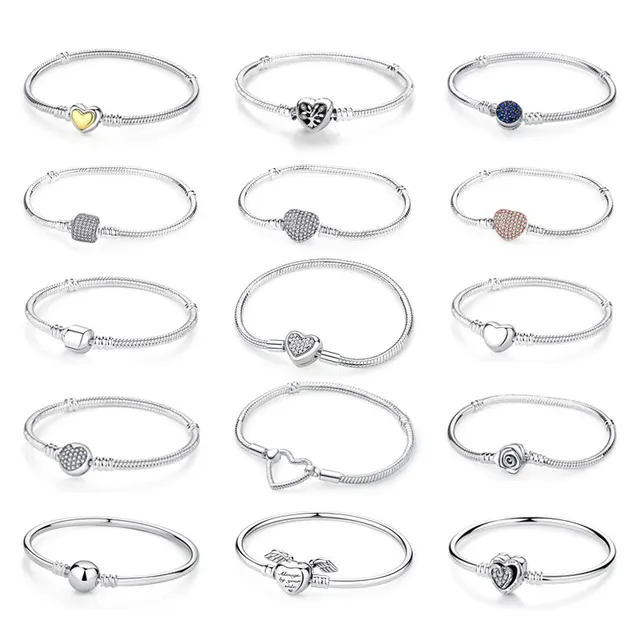 Bracelets originaux en argent Sterling 925, breloques en forme de cœur d'amour, perles, chaînes serpent pour femmes, bijoux de luxe en or Rose, DIY 1