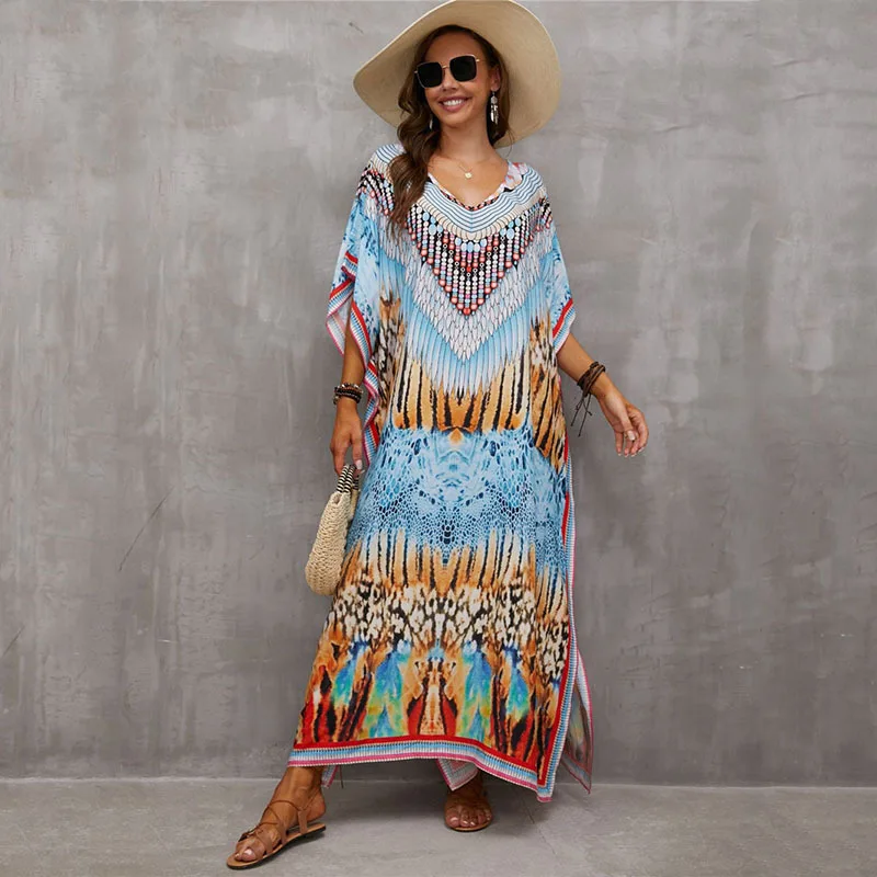 Boho Printed Long Kaftan PlusSize Women Summer Clothes Sexy Short Sleeve Maxi Dress Beach Wear Swim Suit Bikini Cover Up