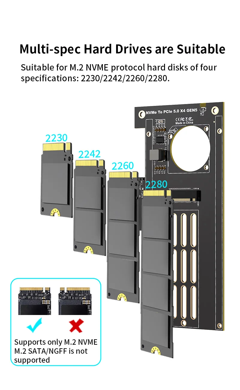 TEUCER PCIE 5.0 to M.2 NVMe Adapter Card High-Speed PCIe X4/X8/X16 to M2 SSD Con
