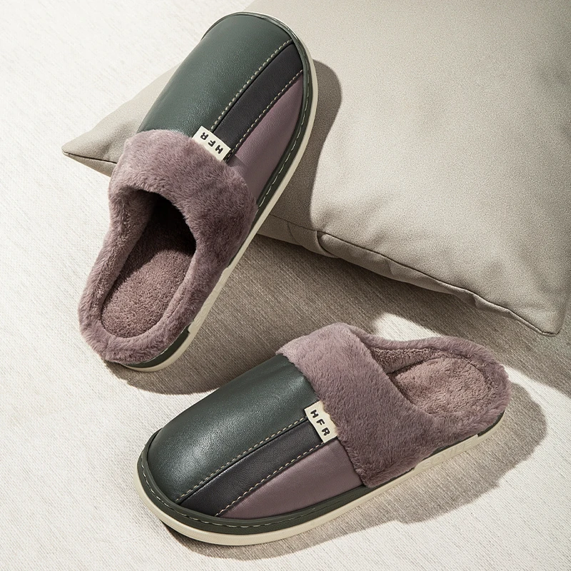 

Men's Soft Plush Cozy House Slippers, Waterproof Anti-skid Slip-on Shoes With Fuzzy Lining For Indoor Walking, Autumn And Winter
