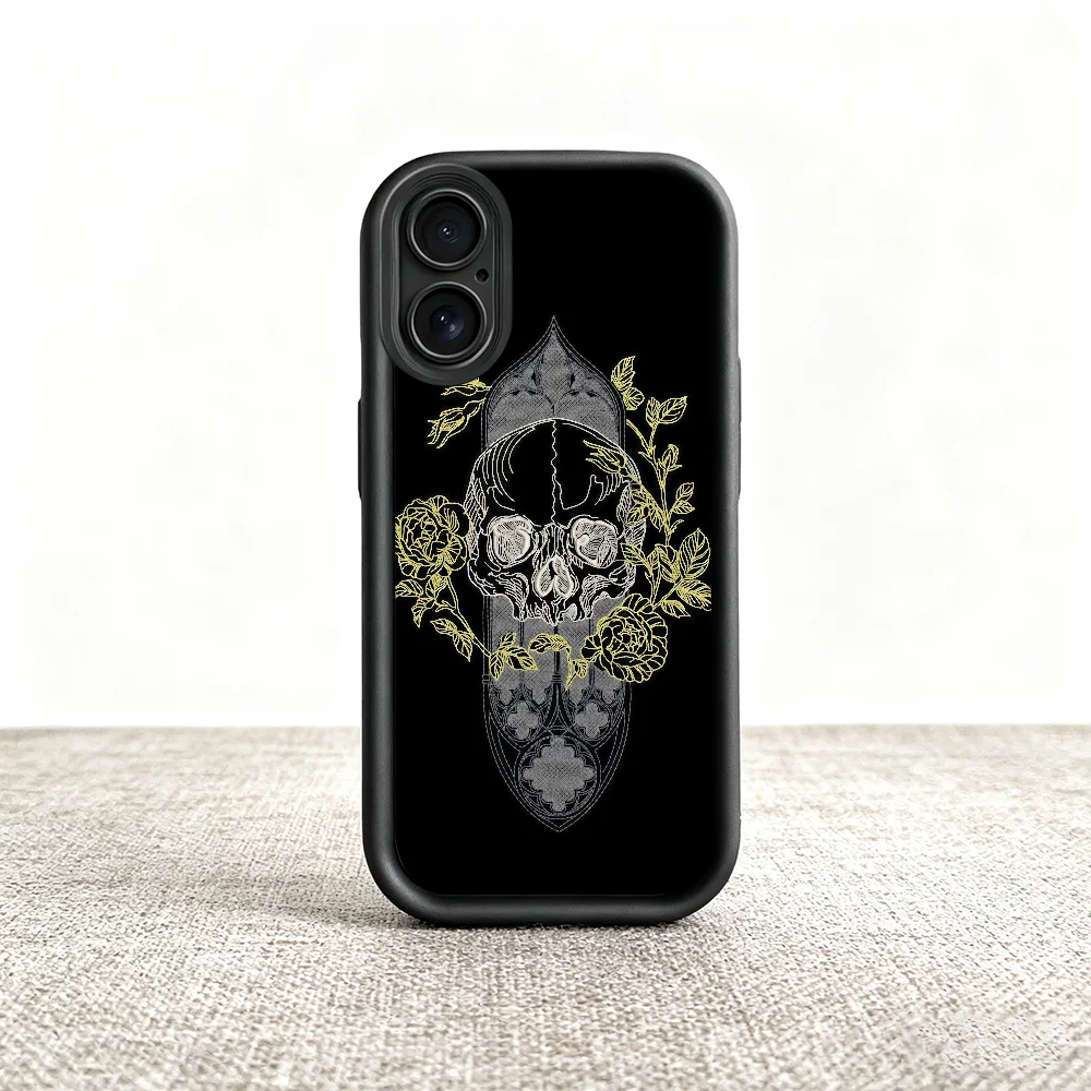 Skull Flame Embroidery Black Soft Shell Phone Case with Lens Protection