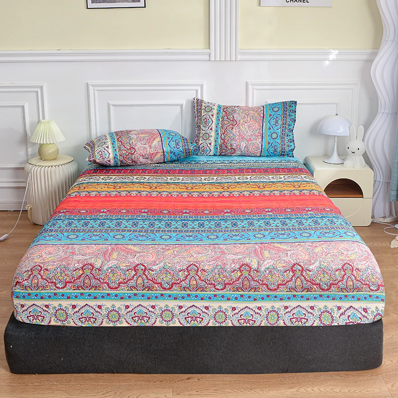ElasticFittedSheetBohemianStyleBedCoverBreathableBedsheetfor