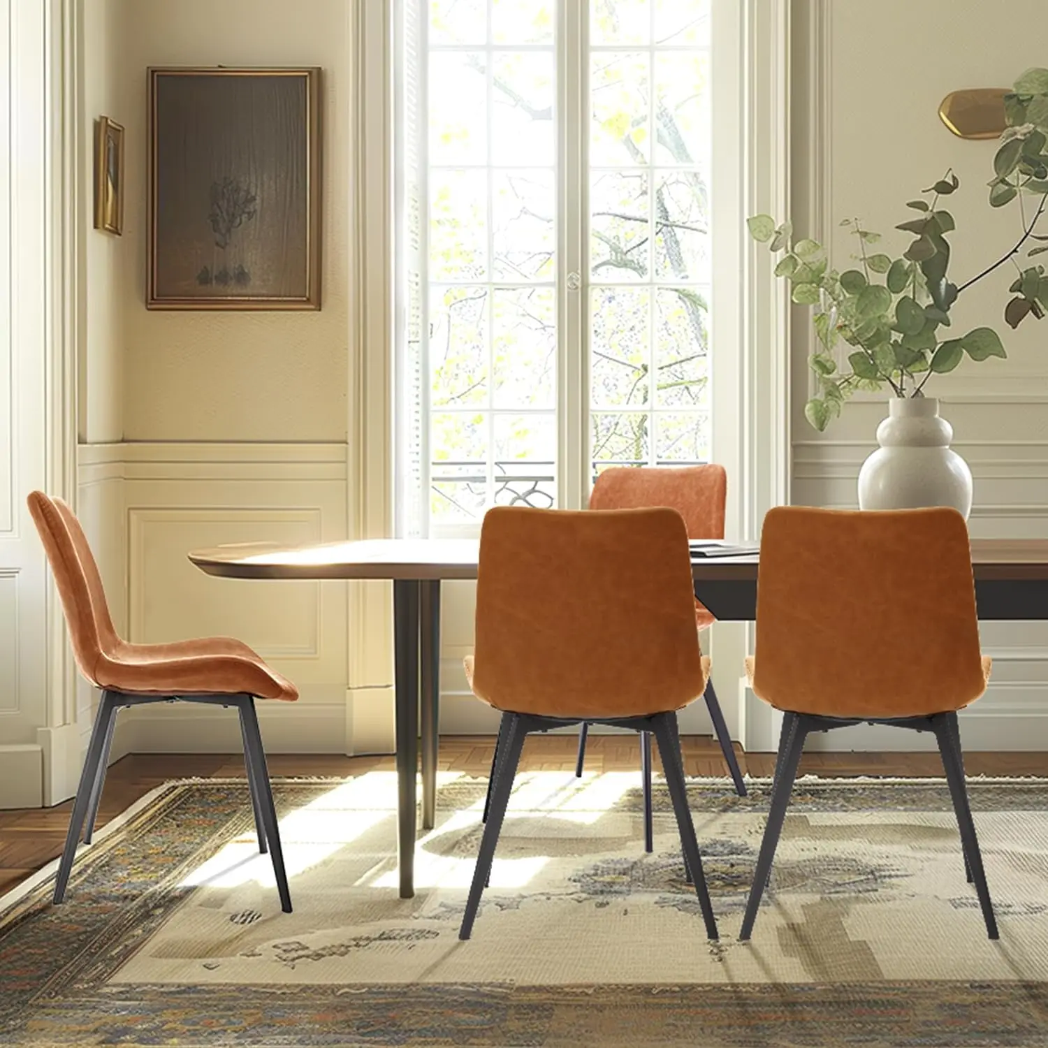 NEW Modern ‎Faux Leather Dining Chairs, PU Cushion Seat Back，Metal Legs for Kitchen Dining Room Side Chair, Set of 4, Brown 4