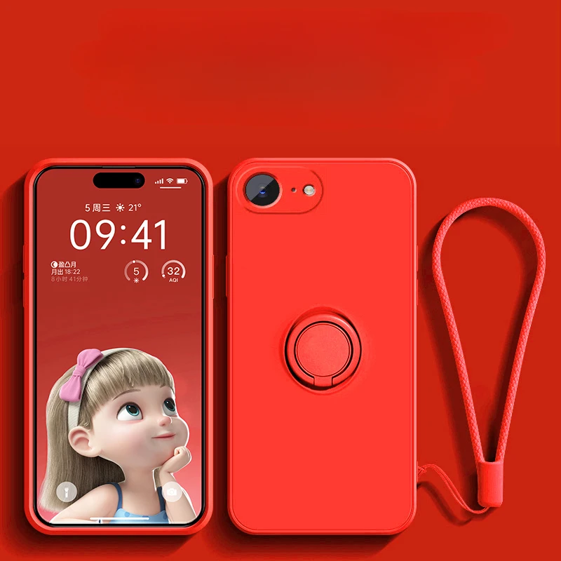 Liquid Silicone Ring Stand Phone Case with Lanyard and Magnetic Soft TPU Cover