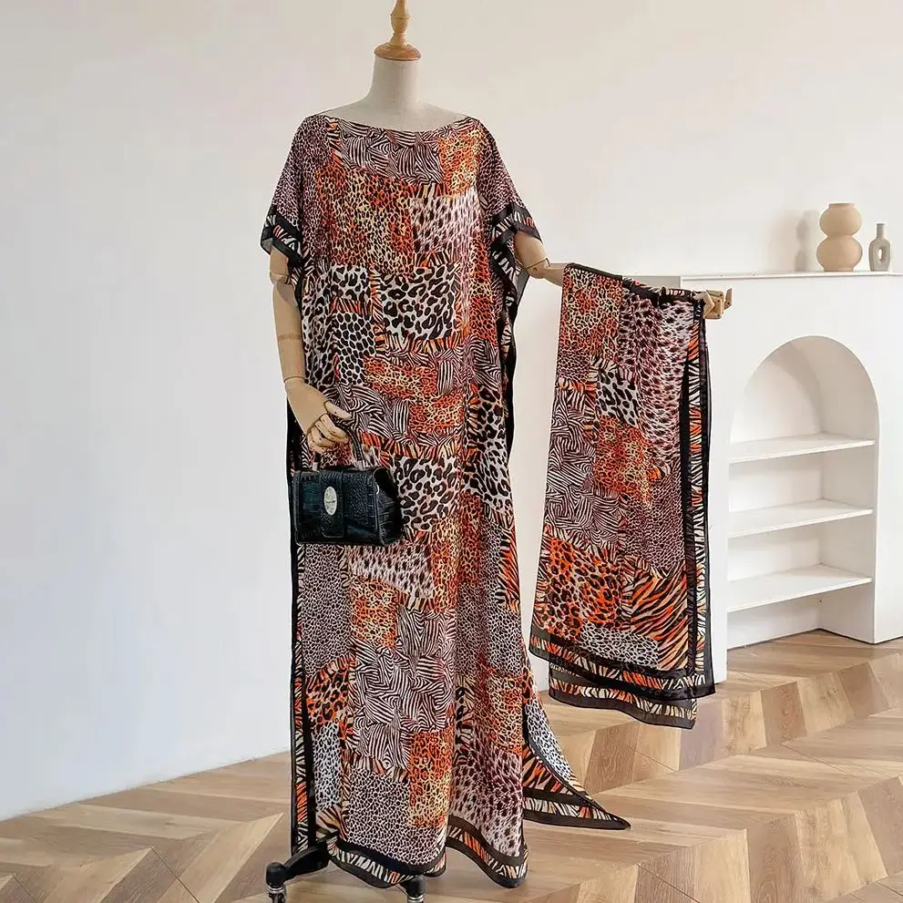 NEW Fashion Summer Dress With Big Scarf Dubai Turkey Kaftan Muslim Loose Abaya Women African Casual Leopard Print Shawl Robe