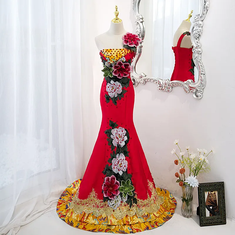 

Evening Dress Flowers Embroidery Elegant Sleeveless Floor-Length One-Shoulder Appliques Mermaid Party Formal Dresses Woman B1500