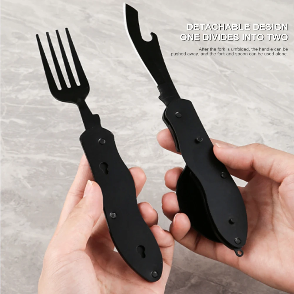 

4 In 1 Foldable Spoon Knife Fork Bottle Opener Stainless Steel Tablespoon Set Folding Pocket Kits Outdoor Tableware Set