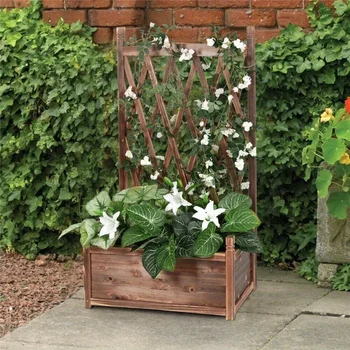Rustic Wooden Raised Garden Bed Vegetable Planter Grid Box with Climbing Trellis 2