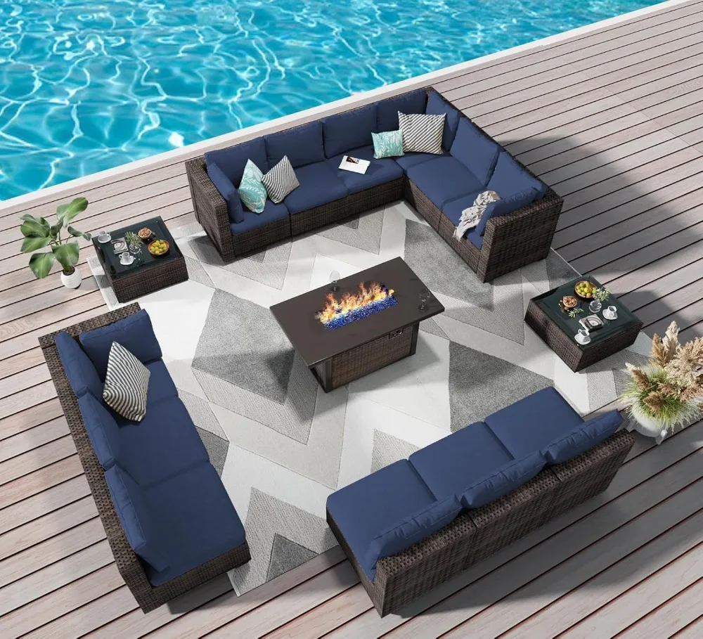 15 pieces of terrace furniture combination sofa with 50000 BTU propane gas pit table, blue 3