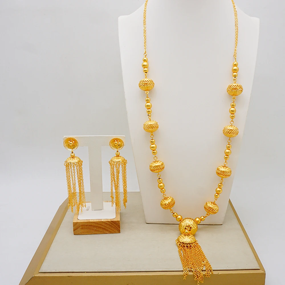 Fashion Gold Color Ethiopian Jewelry Set Long Tassel Pendant Earrings Wedding Arab African Bride Necklace Set