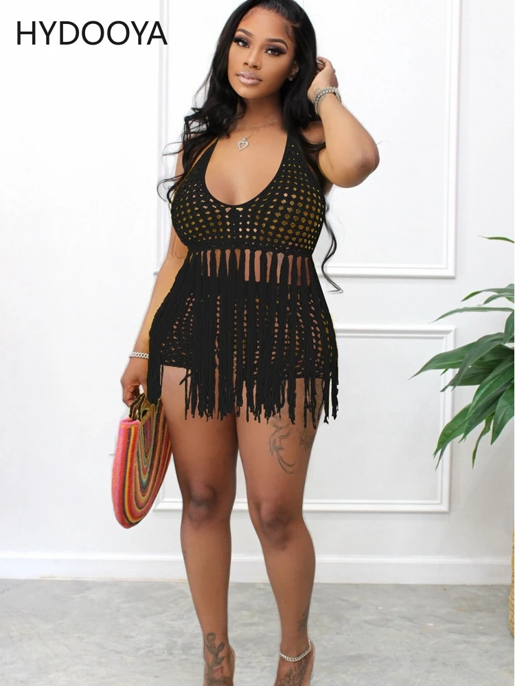 Handmade Crochet Bikini Cover Up Transparent Tassels Knit Top High Waist Short Bikini Swimsuit Women Bathing Suit Beach Cover-up
