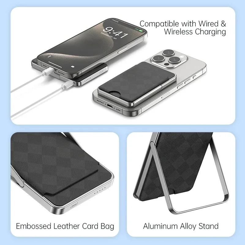 With Stand Card Bag Power Bank 5000mAh For IPhone 16 15 14 Pro Max with Holder Power Bank Magnetic Battery 3