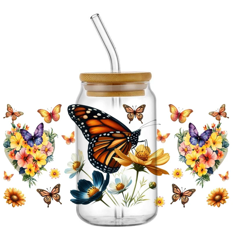 Butterfly flowers Washable Cup Transfer Sticker for 16oz Libbey Glasses DIY Waterproof UV DTF Cup Wrap