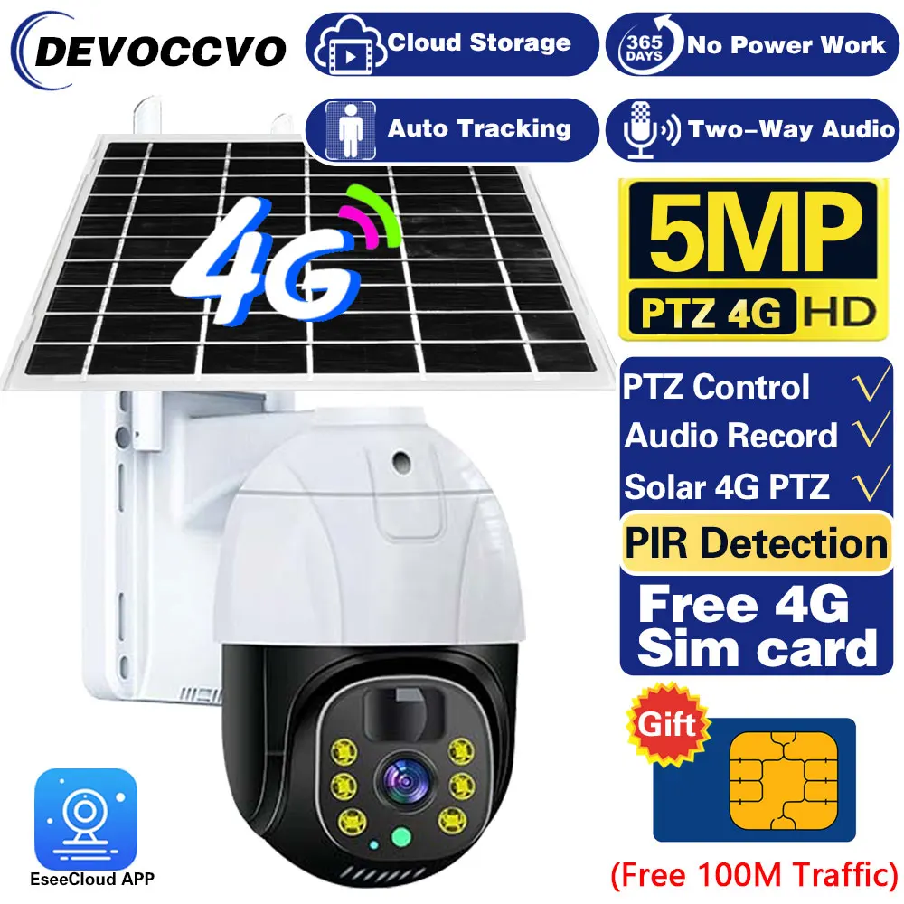 

5MP 4G Sim Card Outdoor Solar PTZ IP Camera With Audio Solar Panel Recharge Battery CCTV Video Surveillance Camera Auto Tracking