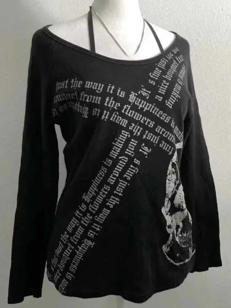 Vintage Black Gothic Punk Graphic V-Neck Hoodie Tee