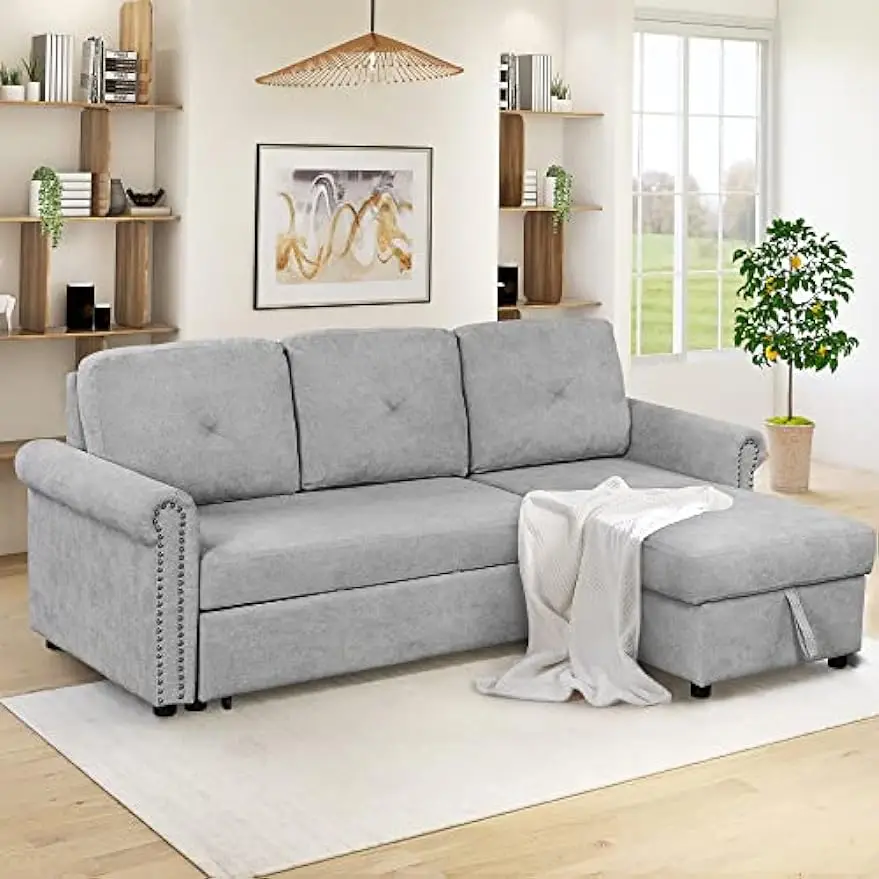 

83" Convertible Sectional Sofa Couch, 3 Seat L-Shaped Couch with Storage Ottoman, Pull Out Bed, Rolled Arms & Nail-Head