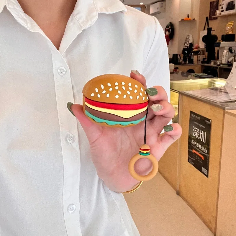 Cute Cartoon Hamburger Silicone Protective Case for Wireless Earbuds Charging Box
