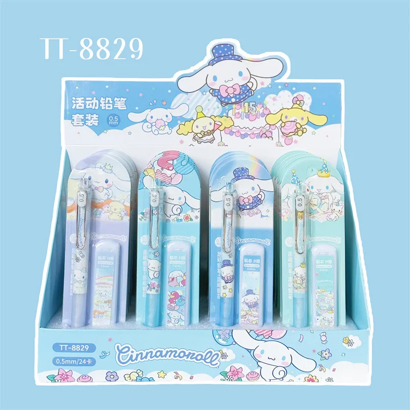 산리오 멜로디 쿠로미 시나모롤 포차코 기계식 연필 지우개 세트, 0.5mm 자동 연필 문구 도매, 24 개 신제품