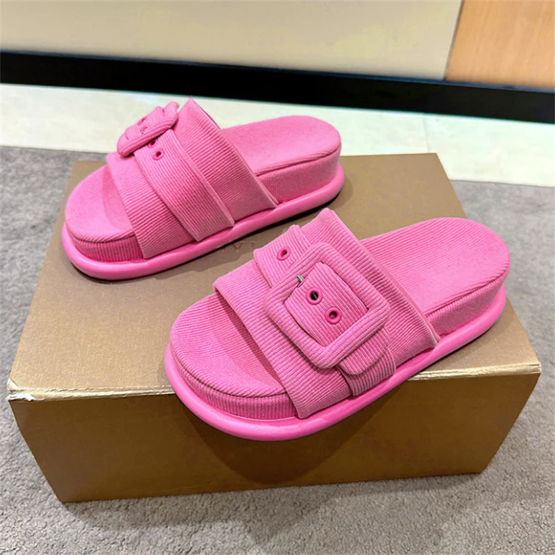 

2023 New Thick Knitted Outer Wear Buckle Strap Slippers For Women Casual Flat Heels Sandals Open Toe Slipper Female Pink 4.5CM