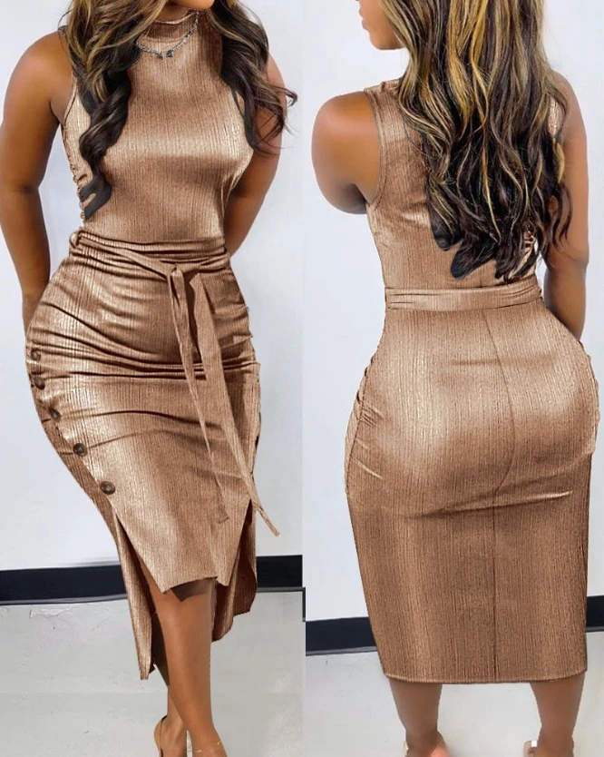 

Womens Dresses 2023 Summer Fashion Mock Neck Tied Deatil Buttoned Elegant Plain Sleeveless Skinny Asymmetrical Slit Party Dress