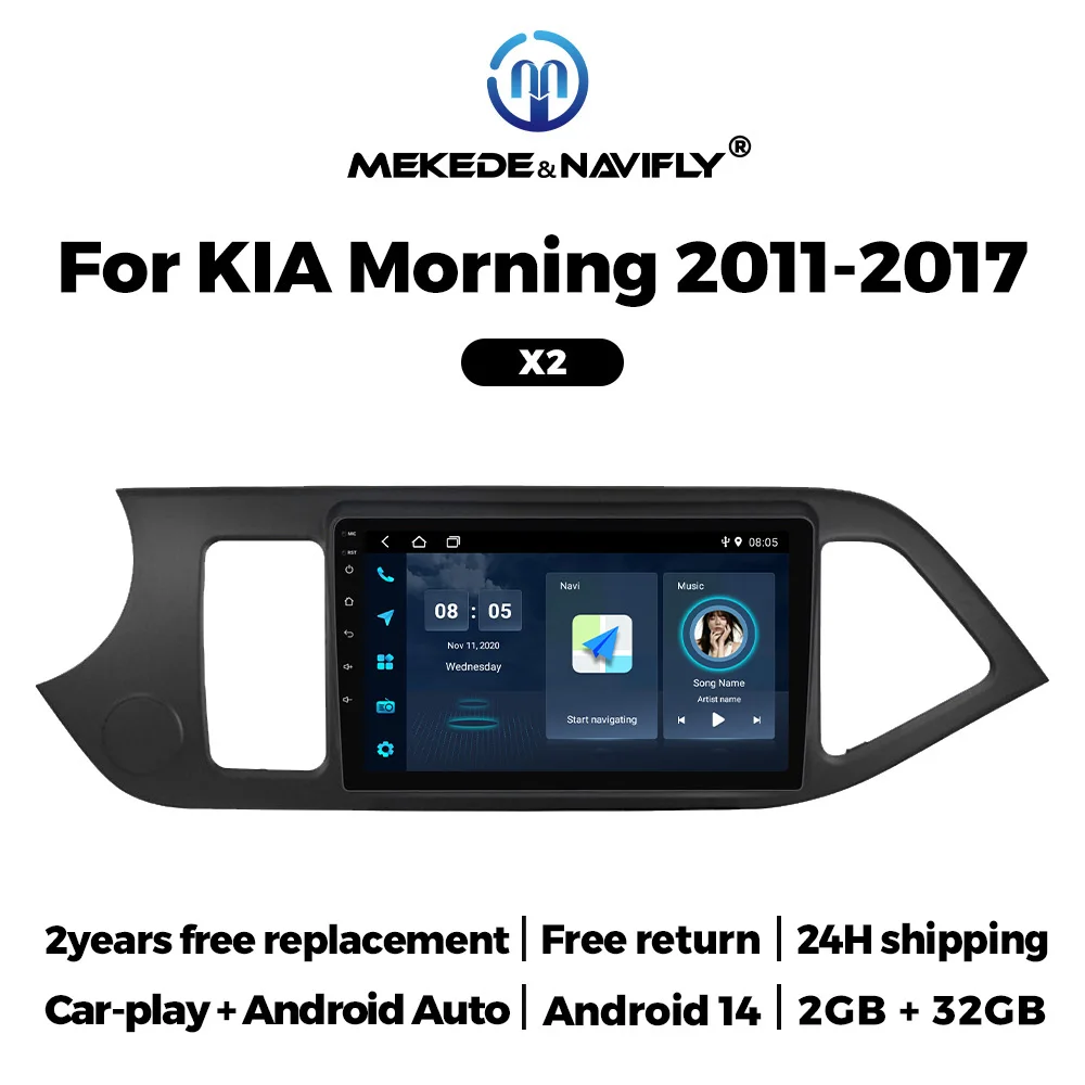 Estéreo Inalámbrico para Auto con Carplay Android 14 para KIA PICANTO Morning 2 2011 2012 2013 2014 2015 2016, Radio para Auto con Pantalla GPS de 9 Pulgadas y Carplay 2