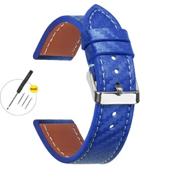 Carbon Fiber Texture Leather Strap - Premium Cowhide Watchband for Men, Soft Wrist Belt in Various Sizes (Blue - Silver)