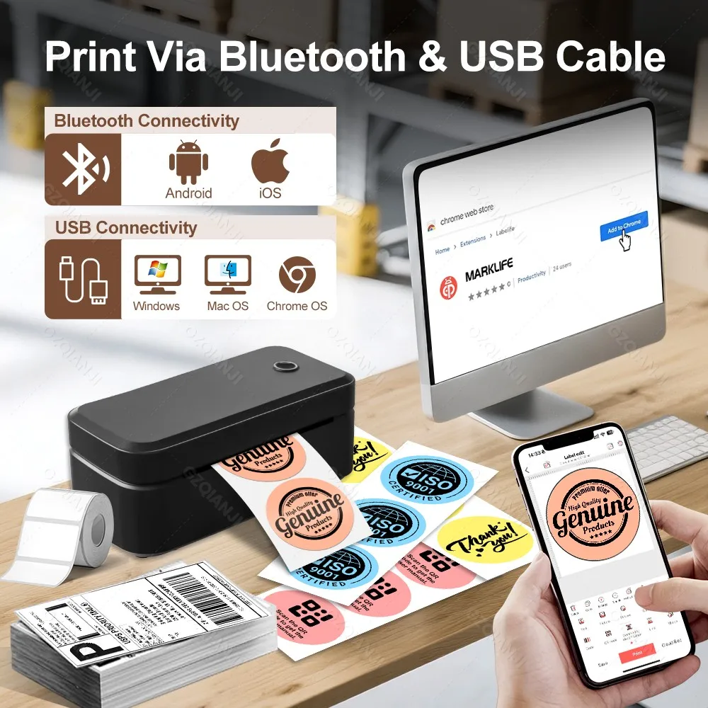 110mm Marklife X4 Bluetooth Thermal Label Printer Small Shipping Label Printer 4X6inch Compatible with iPhone Android Mac Window