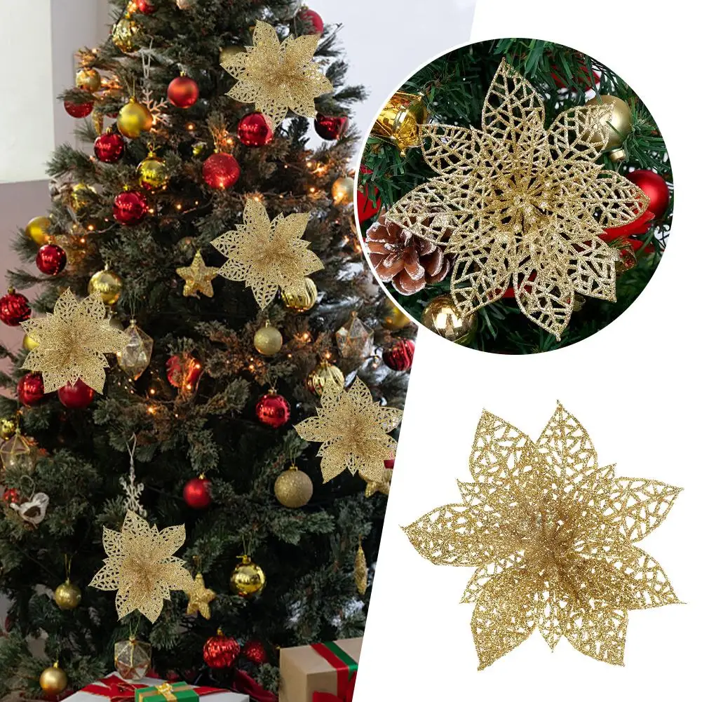 

10pcs Christmas Hollow Artificial Flower 15cm Xmas Decoration Wedding Ornaments Wedding New Party Props 2023 Year Tree B7A1