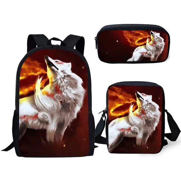 Classic Fashion Novelty Moon Wolf 3D Print 3pcs/Set pupil School Bags Laptop Daypack Backpack Inclined shoulder bag Pencil Case