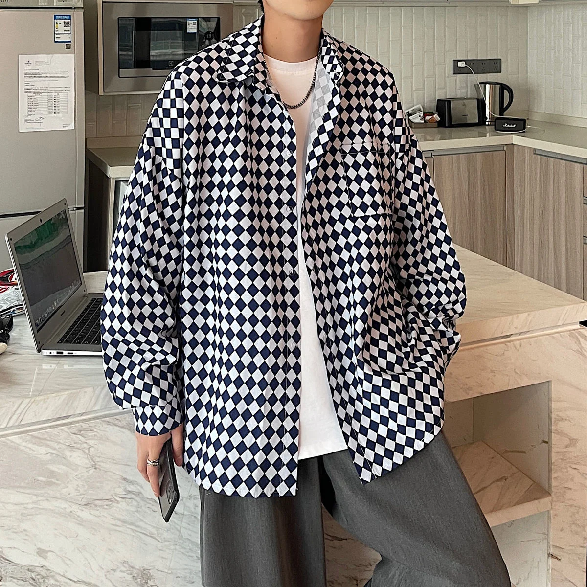 

Contrasting Color Plaid Print Shirts For Men Oversize Long Sleeve Lapel Casual Shirt Four Seasons Trend Top Loose Men's Clothes