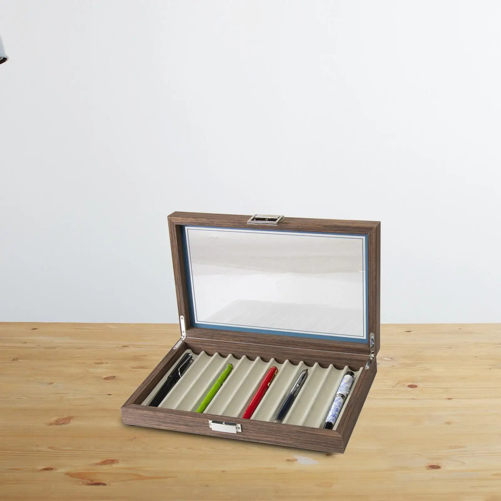 Wooden Pen Storage Case 12 Pens Capacity Practical Pen Collection Case Organizer 12 Slot with Glass Window for School Shop Home 3