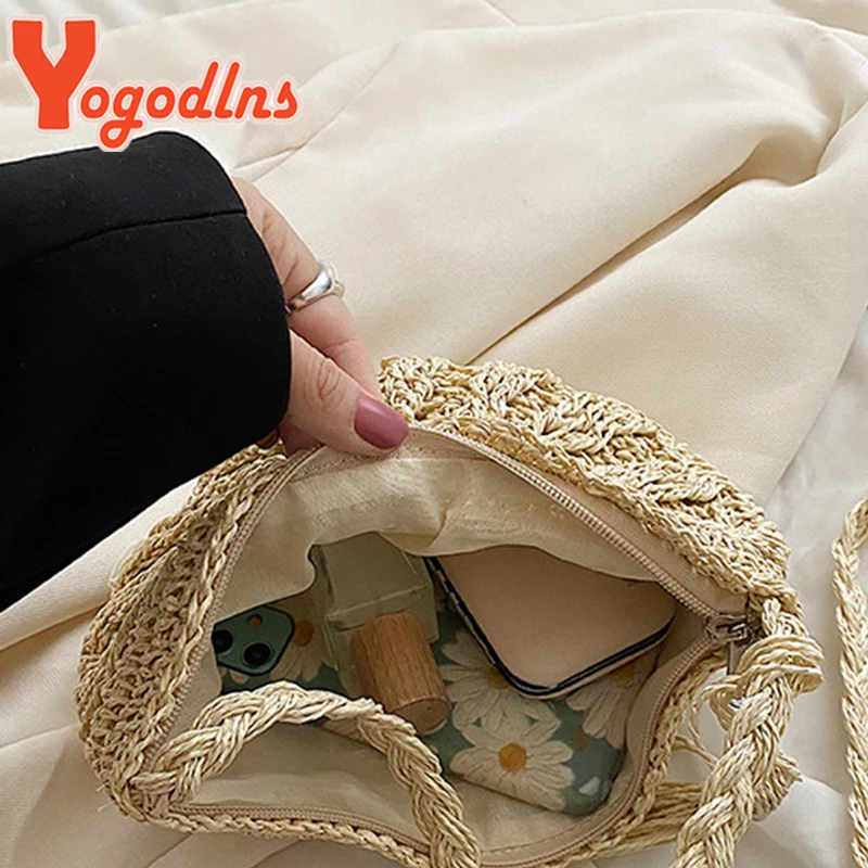Yogodlns New Half Round Straw Bags for Women Summer Beach Rattan Bag Handmade Woven Half Moon Crossbody Handbags Bohemia