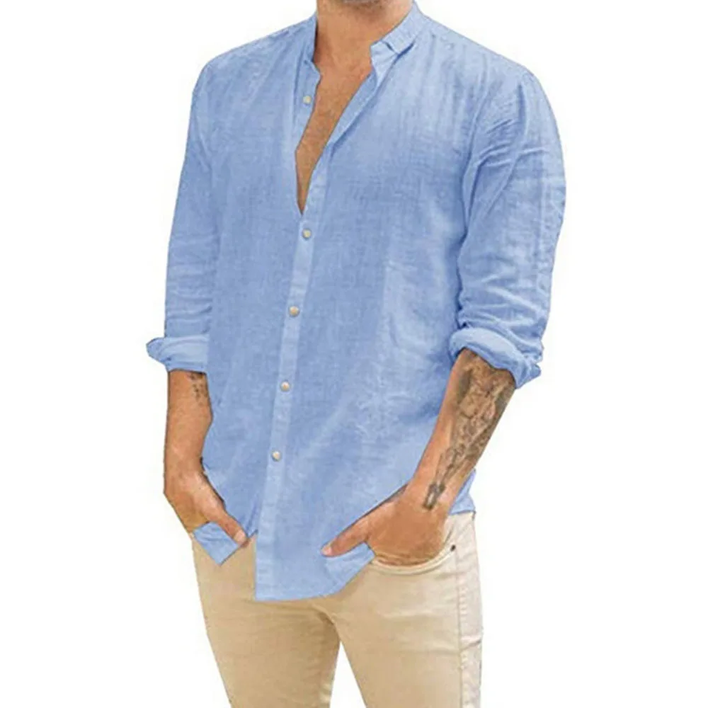Men Flax Button Loose Blouse Tops Spring Summer