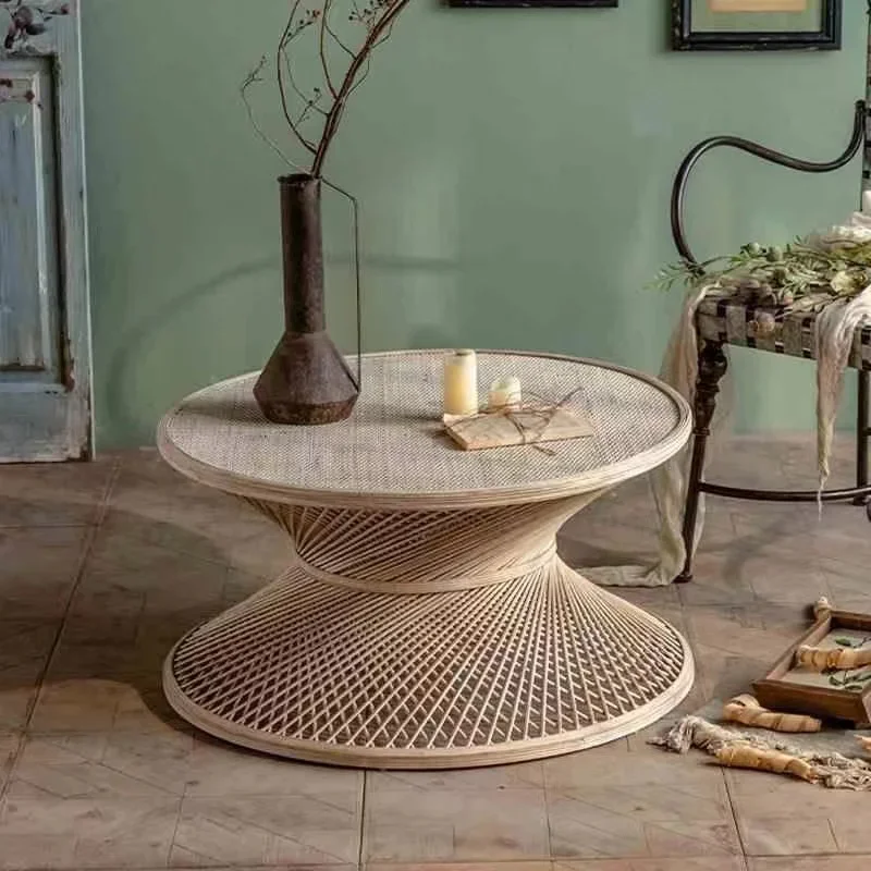 Rattan-woven Minimalist Nature Coffee Table Accent Tea Table Bamboo Cane Round for Living Room