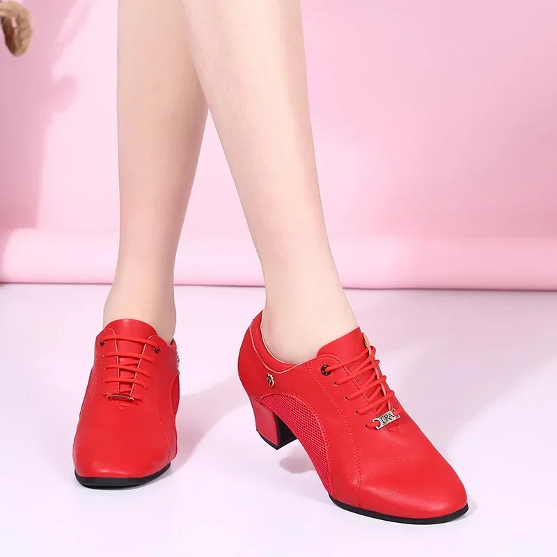 Women's Leather Modern Square Dance Shoes Soft Bottom Fashion Latin Sports Teacher Black Red Middle Heel Dance Teacher Shoes 3