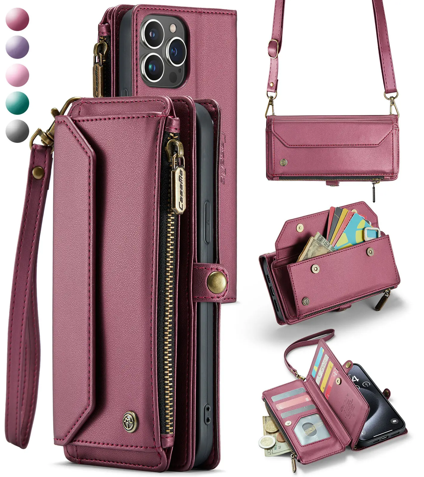 For iPhone 16 Pro Max 15 14 13 12 11 XR Crossbody Zipper Wallet Magnetic Case