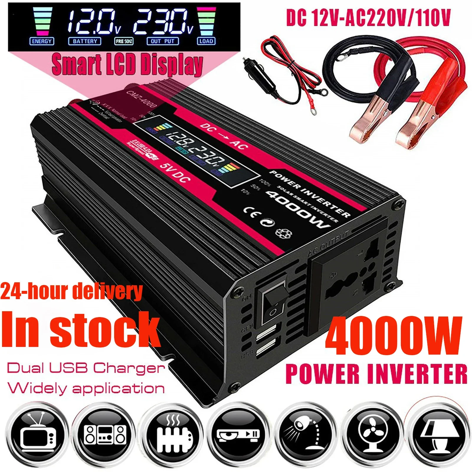 4000W 12V To 110V/220V อินเวอร์เตอร์พลังงานแสงอาทิตย์จอแสดงผล LCD Modified Sine WAVE อินเวอร์เตอร์พลังงานแสงอาทิตย์ Dual USB Fast CHARGING สําหรับโทรศัพท์แล็ปท็อปรถ 1