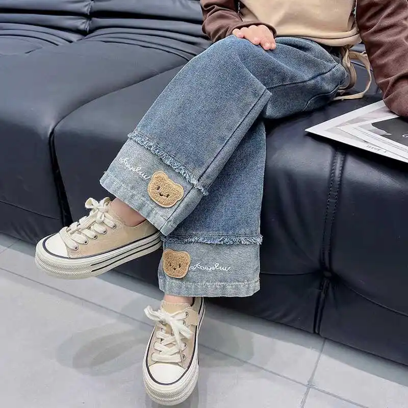 봄 가을 소녀 청바지 캐주얼 스트레이트 레그 롱 팬츠 유행하는 한국 버전 와이드 레그 아동 데님 바지