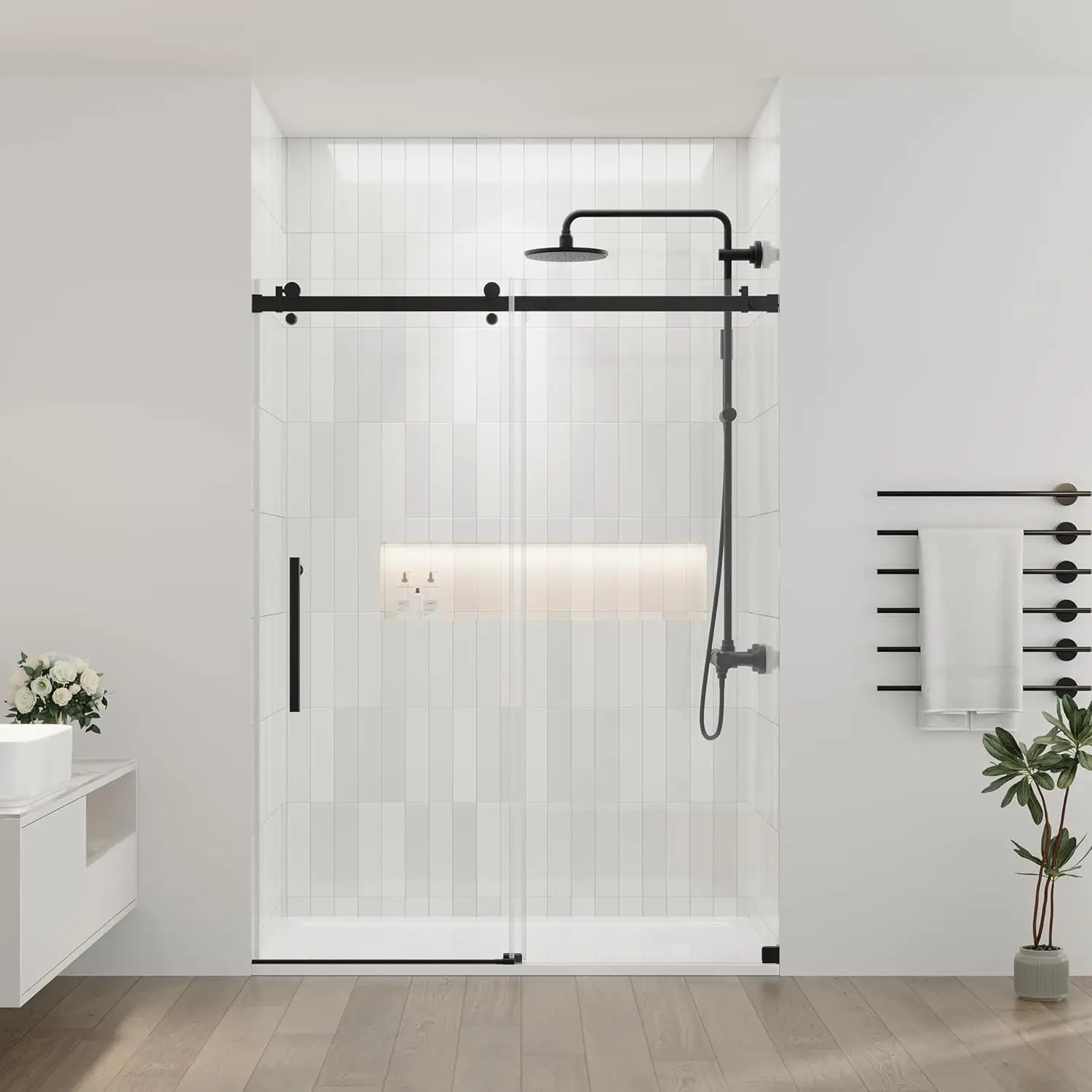 Frameless Shower Door Water Repellent Black Shower Door with Clear Tempered Glass Easy Sliding Showe Door with Explosion Proof 2