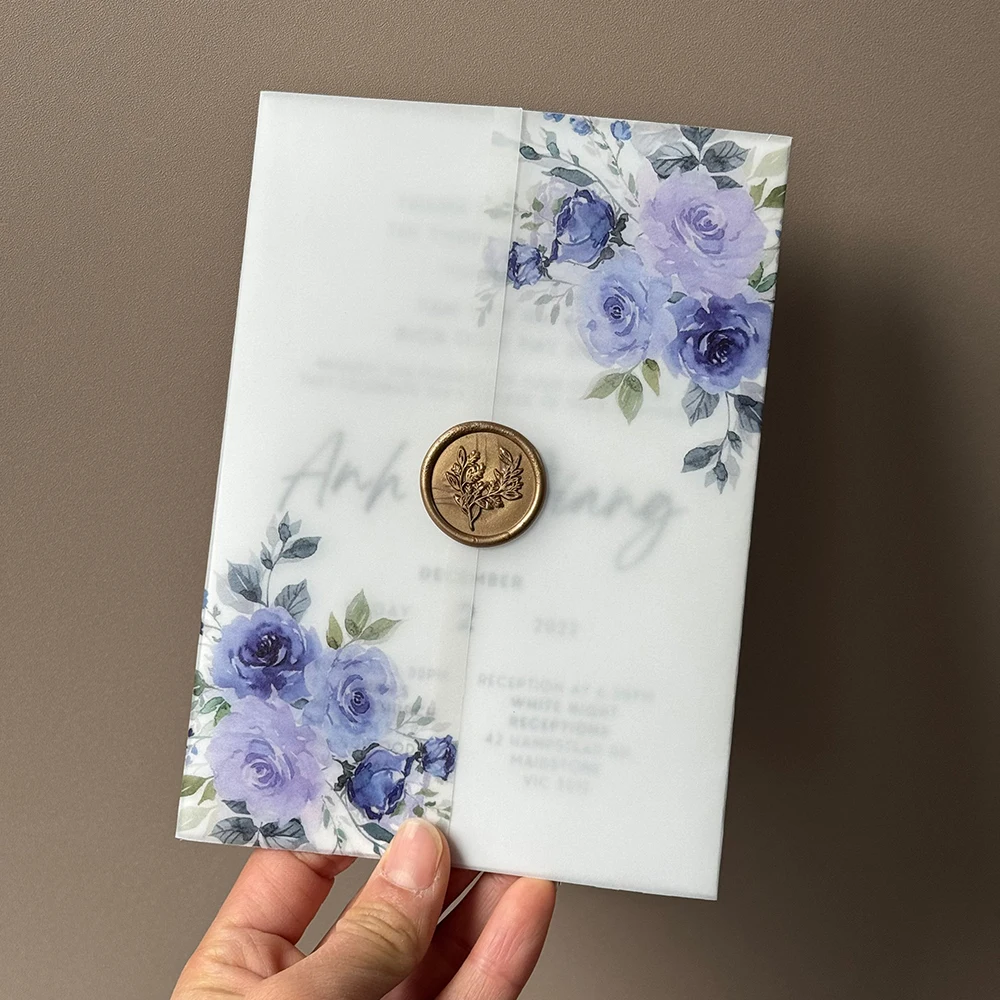 Purple flower Vellum Wrap 5 x 7 Wedding Invitation wedding invitations flower vellum wrap