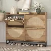 Rattan Shoe Storage Cabinet with 4 Flip Drawers, Freestanding Shoe Organizer with Metal Legs for Entryway, Rustic Oak Rattan 1