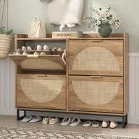 Rattan Shoe Storage Cabinet with 4 Flip Drawers, Freestanding Shoe Organizer with Metal Legs for Entryway, Rustic Oak Rattan 1