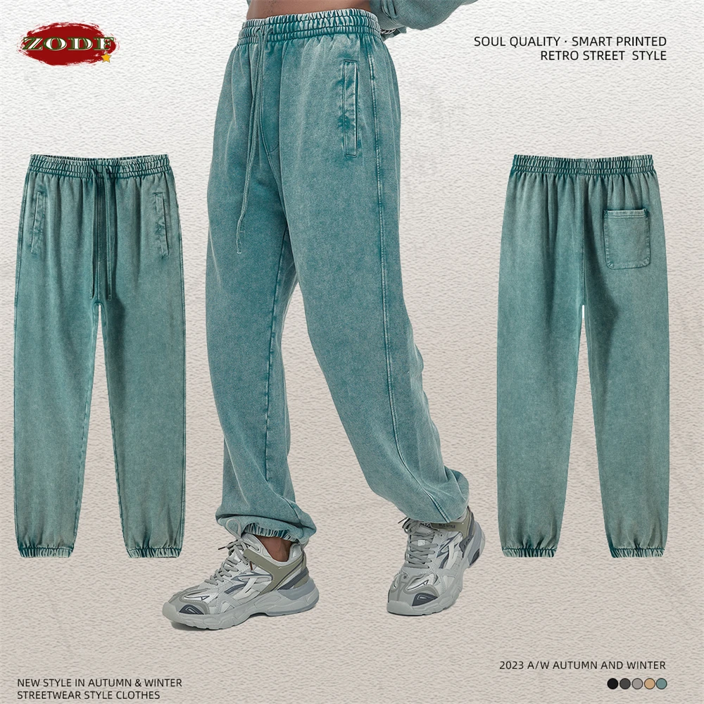 ZODF Retro Autumn Winter Men Batik Washed Cotton Sweatpants Unisex Loose Heavy Weight 420gsm Solid Joggers Pants HY0666 3