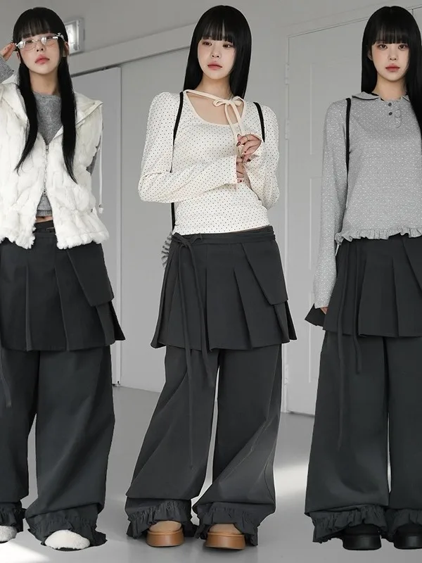Korean Sle Wood ain  Casual Long Pants Women's Spring New Vintage Personali ket Belted Pleated  Skirt Set